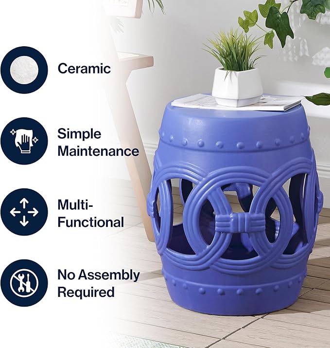 JONATHAN Y TBL1022D Lucky Coins 16" Chinese Ceramic Drum Indoor/Outdoor Garden Stool Bohemian, Coastal, Cottage, French Country, Traditional, for Living Room, Garden Room, Patio, Matte Blue
