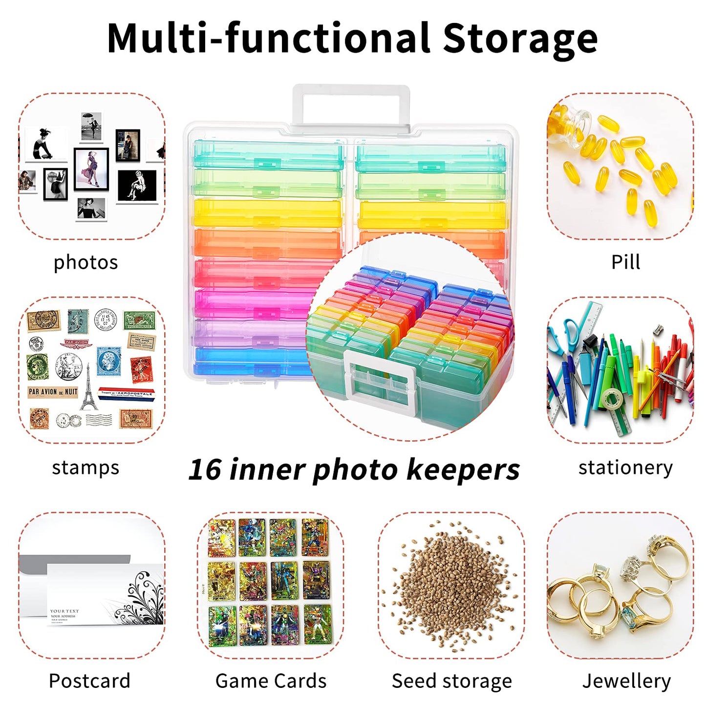 Zuvo - Photo Storage Box With 16 Coloured Cases And Removable Dividers For Multipurpose Organizing Photographs, Stamps, Stationery, Jewellery, Seed, Toys, Arts And Craft