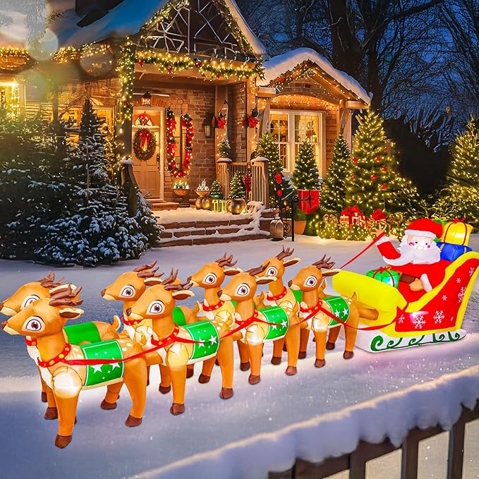 12 FT Christmas Inflatables with Santa Claus Reindeer Built-in LED Lights Blow Up Christmas Decor for Christmas Party Holiday Outdoor Garden Lawn Yard Decorations