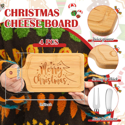 Ziliny 4 Set Christmas Cheese Board and Knife Set, Wooden Small Charcuterie Board Mini Holiday Serving Tray with Knives for Xmas Gift Party Home Decoration (Square)