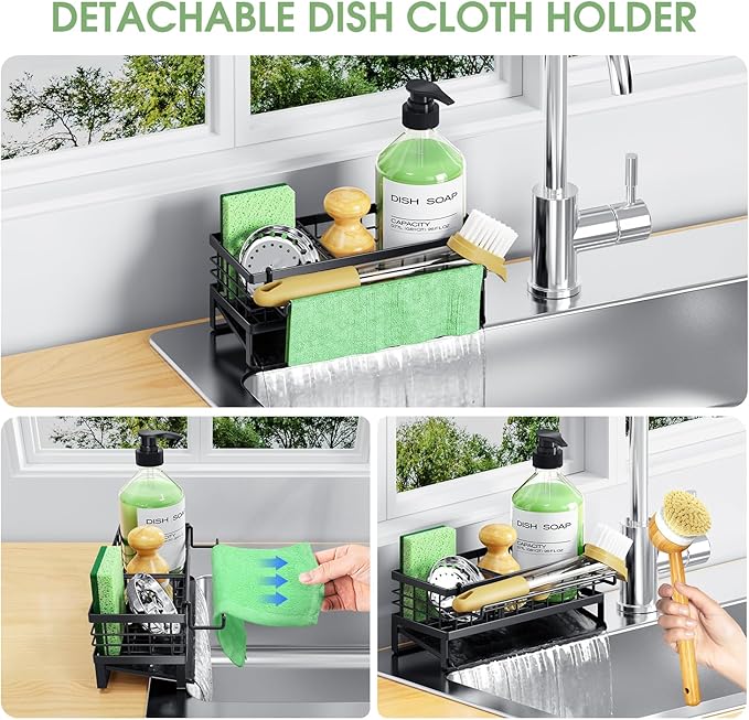 Self-Draining Kitchen Sink Caddy, Rustproof Non-Slip Metal Sponge Holder