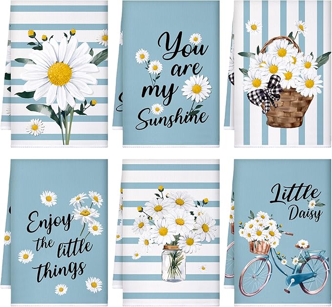 Boyiee Set of 6 Daisy Flower Kitchen Towels Daisy Stripes Tea Towels Floral