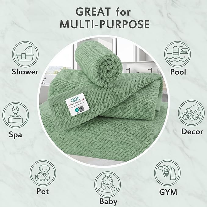 VOOVA & MOVAS Green Towels for Bathroom, 100% Cotton | Quick Dry | Soft | Thick