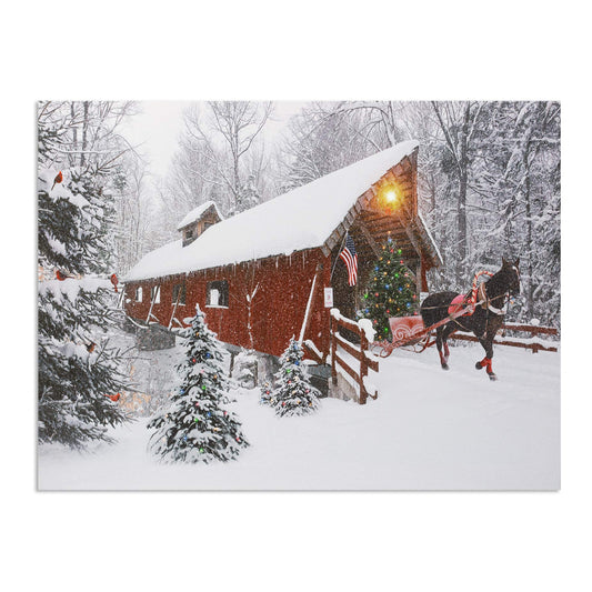 BANBERRY DESIGNS Lighted Red Covered Bridge Wall Print - Horse Pulling Sleigh with Christmas Tree - Winter Holiday Scene - LED Canvas Print - Measures 15.75" x 11.75"