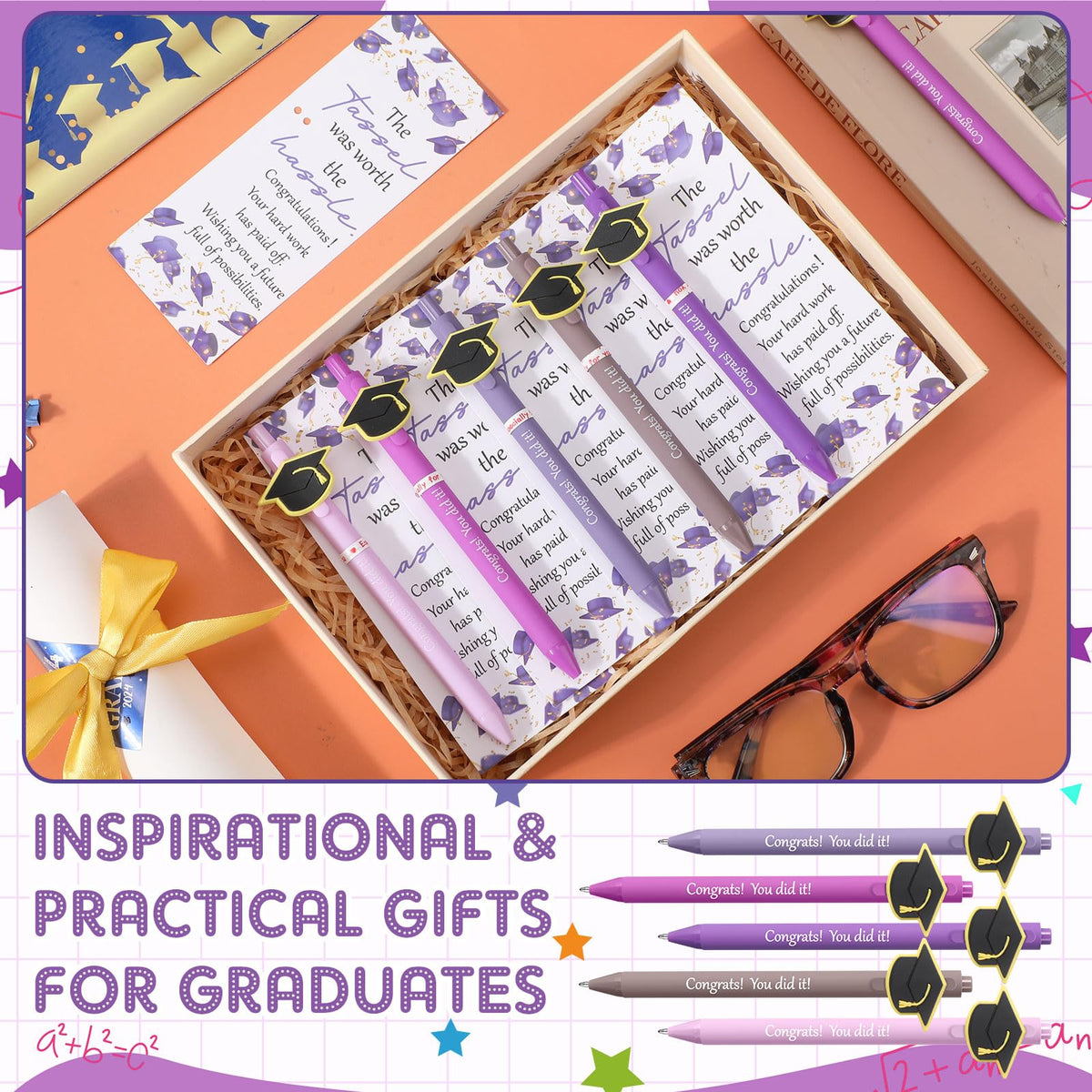 MotiMind 50 Sets Graduation Gifts Class of 2026 Bulk Graduation Party Favor Cap Ballpoint Pen With Motivational Greeting Cards Party Favors for University College Middle High School (Purple)