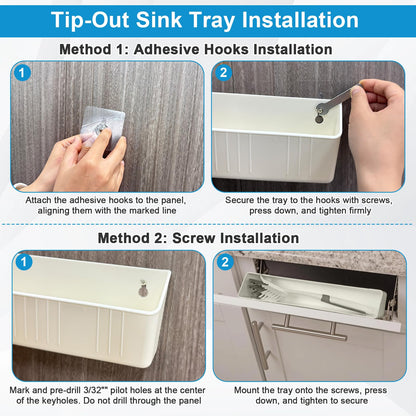 Upgraded 11" Tip-Out Plastic Sink Trays with Steel Hinges Kitchen Sink Tip Out Tray Kit, Pullout Organizer Cabinet Storage for Kitchen & Bathroom with 8 Mounting and 4 Screws, White (2 Pack)
