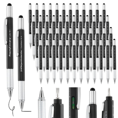 Sayglossy 48pcs Christian Multitool Pens Valentines Gift Bible Verse Religious 6 in 1 Multitool Pen Bulk with Ruler, Level, Stylus, Screwdriver for Men Pastor Father