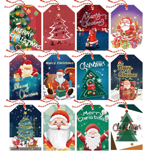 GZCQLKOR 120 Pcs Christmas Gift Tags, Christmas Hanging Tag Label for Christmas DIY Decorations Present Wrapping, with 20m / 66ft Christmas Ribbons, Gift Decoration, 12 Styles