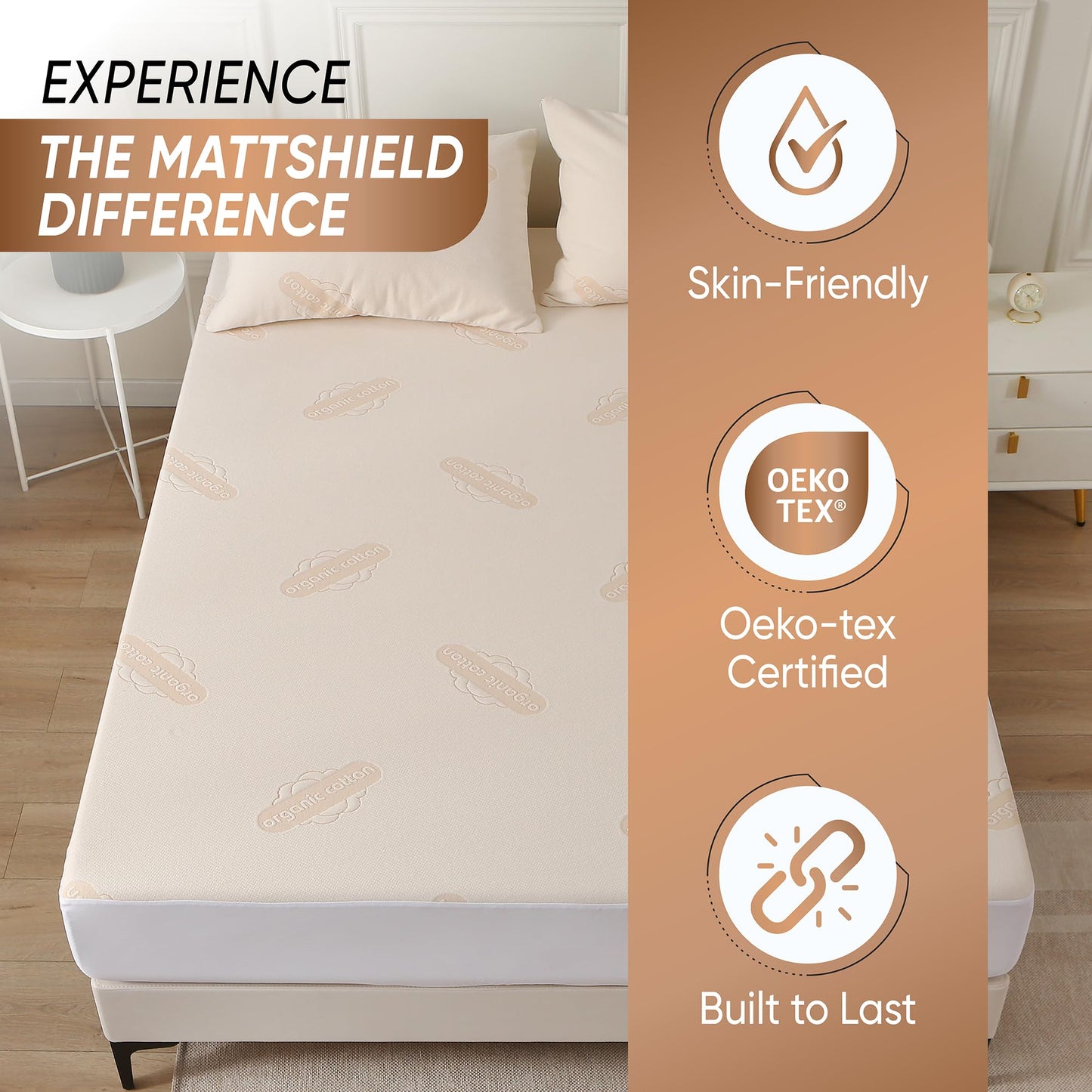 Waterproof Organic Mattress Protector Full Size – Premium Soft Organic Cotton Surface Mattress Cover – Noiseless & Breathable 250 GSM Mattress Pad – Deep Pocket Fitted Design
