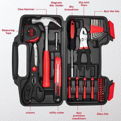WGGE 39-Piece Home Tool Set– Durable Household Hand Tool Kit with Hammer, Screwdrivers, Pliers, Wrench, Hex Keys & More – Compact Storage Case for Home Repairs, DIY & Maintenance