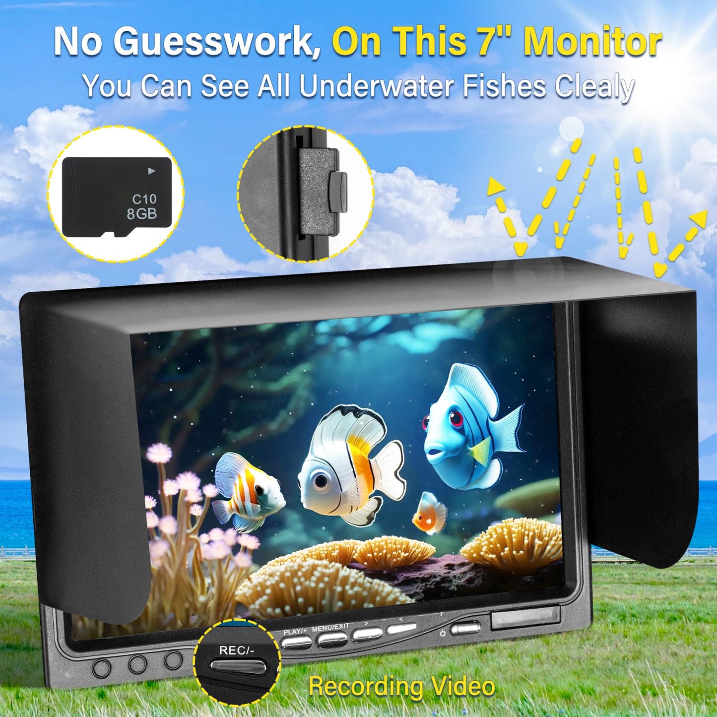 HD Underwater Fishing Camera 98FT,with 18 White+18 IR Lights,7'' 1080P DVR Monitor,Waterproof IP68 JQKJCAM Underwater Fish Finder Camera for Fishing/Deep Water Well Inspection (30M Easy to Use)
