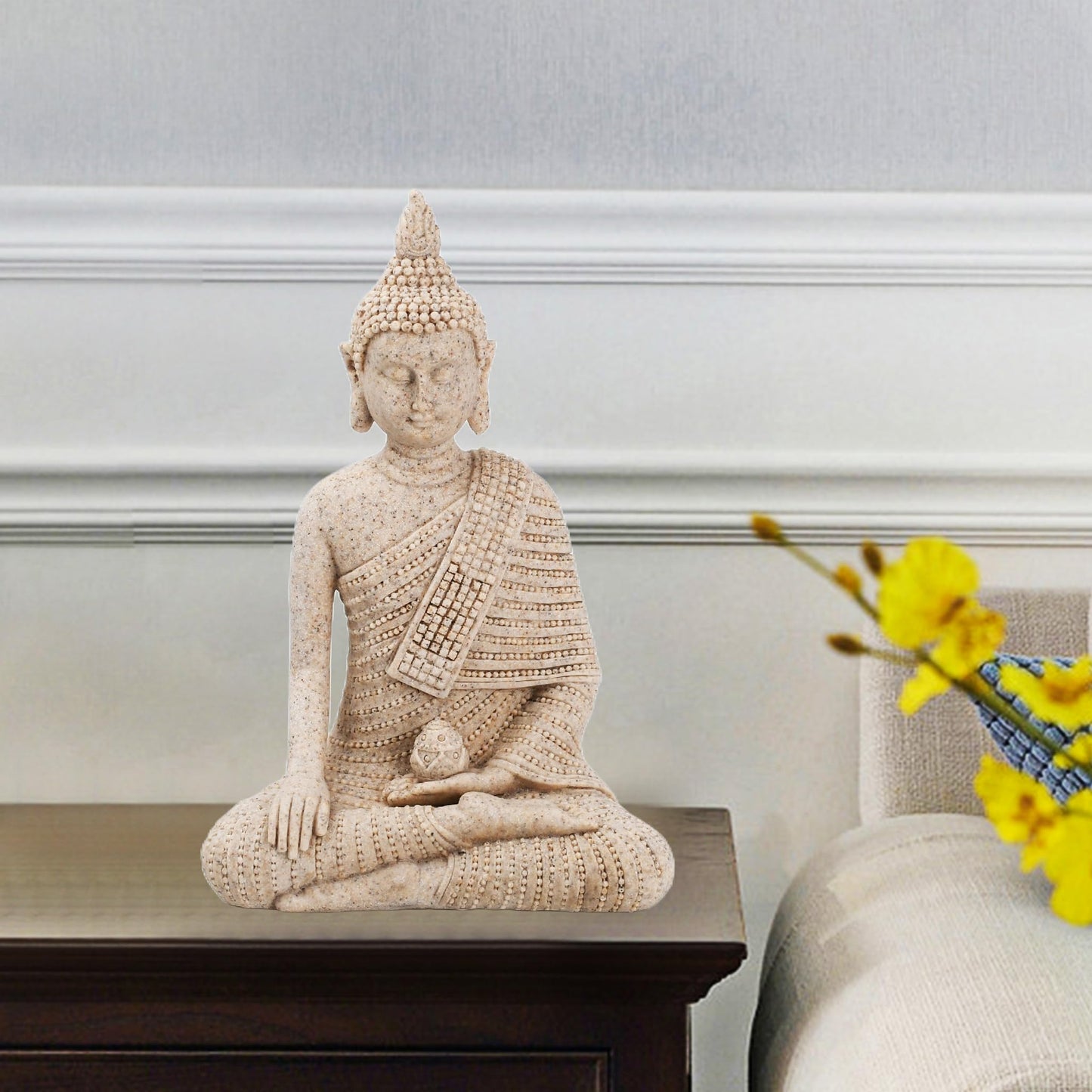 KalyZ@rts 6.5 Inch Hand-Painted Buddha Statue - Exquisite Meditation Sculpture for Home/Office Desk, Feng Shui Zen Decor, Unique Housewarming Gift - Pure Sandstone