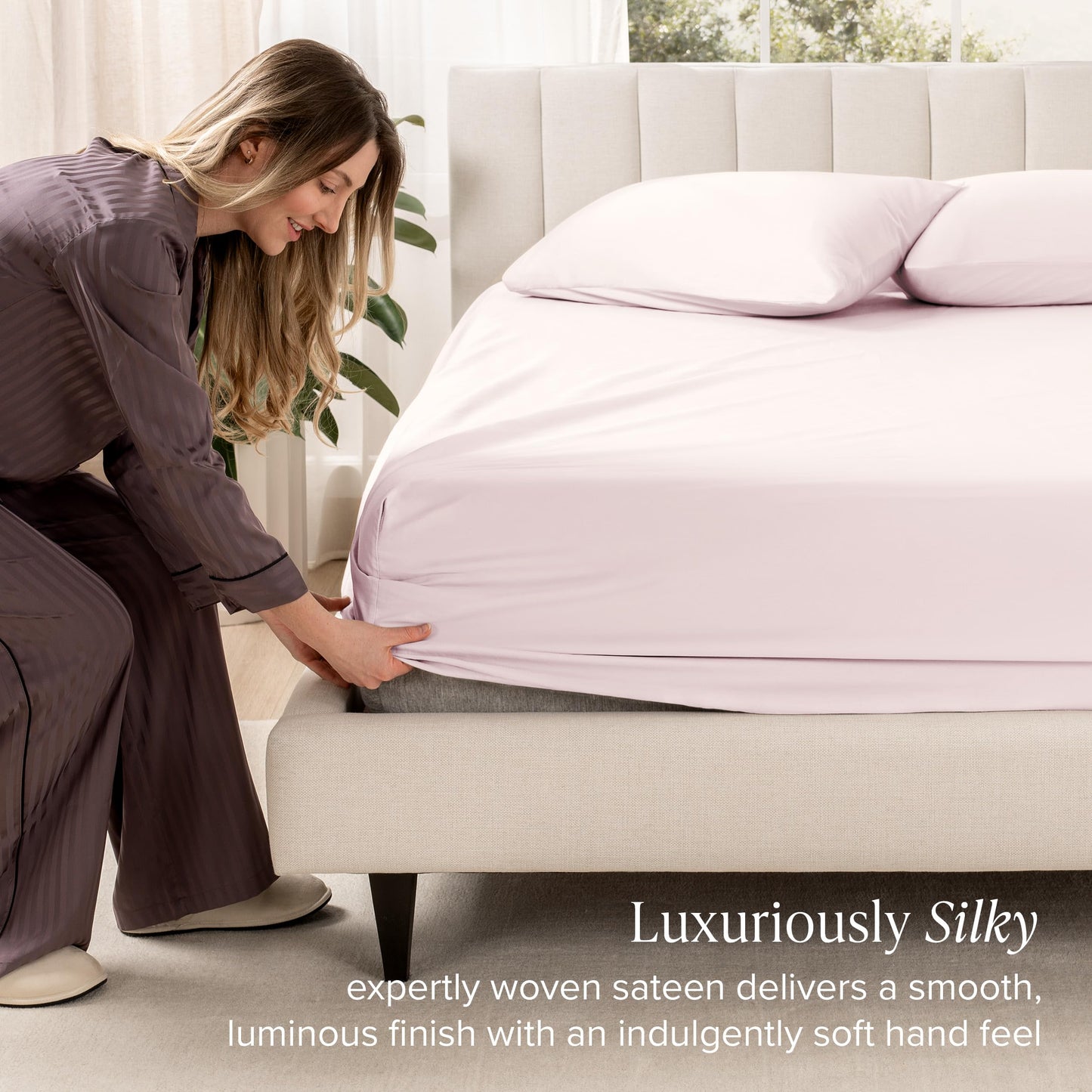 Bare Home 100% Organic Cotton Sateen Fitted Sheet - 400 Thread Count - Smooth Sateen Weave - Breathable & Cooling - Hotel Luxury - Durable Fitted Sheet - Deep Pocket (King, Dusty Pink)