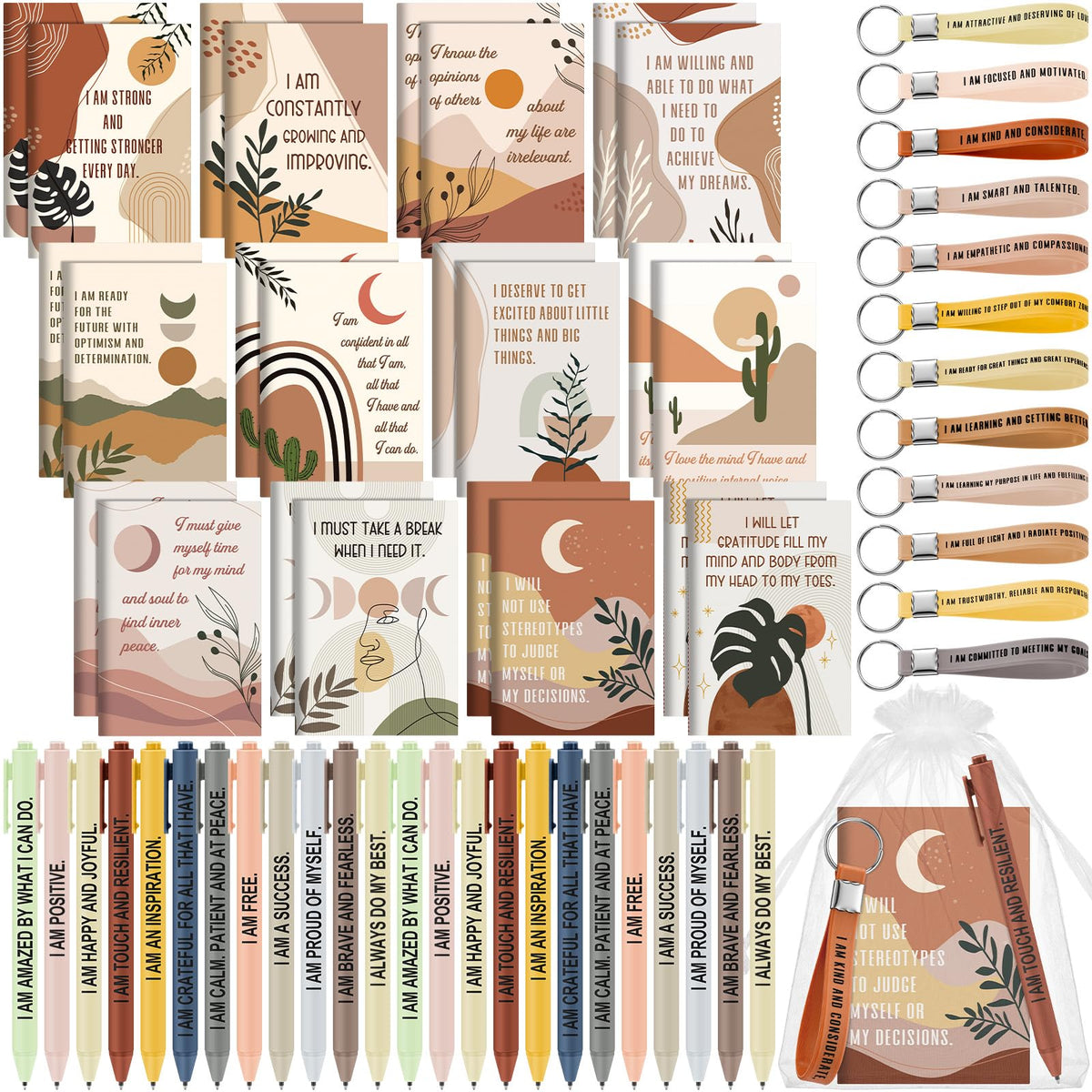 Mooliwe Positive Affirmation Gift Set Gratitude Notebooks with Pens Keychains Small Bags Motivational Party Favors for Adult Women Coworkers Employee Group(24 Set,Boho)