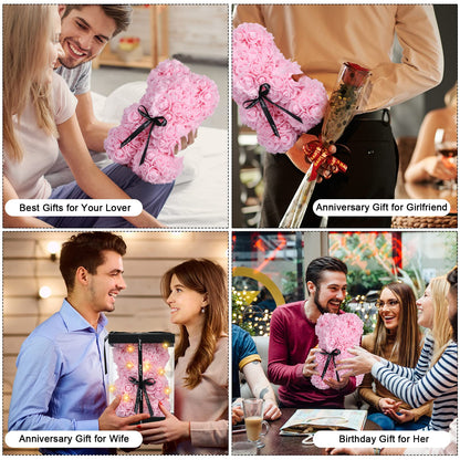 Rose Bear Christmas Flower Gifts for Mom Grandma, Rose Teddy Bear with Lights, Cute Teddy Flower Bear, Cute Romantic Gifts for Wife Girlfriend with Transparent Gift Box and Love Card