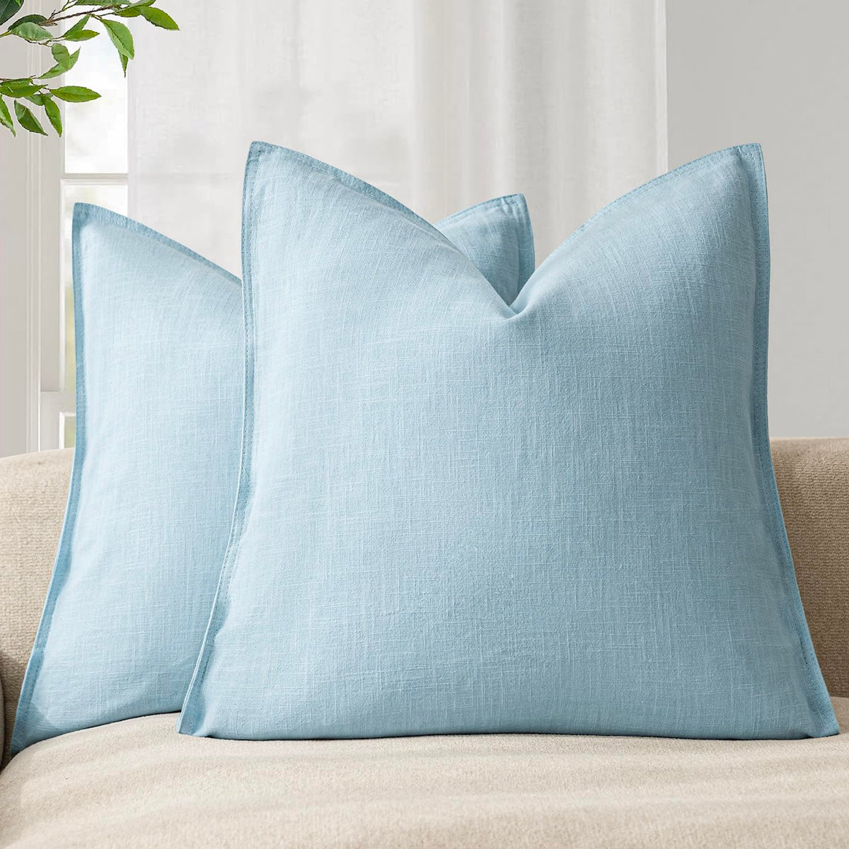 Foindtower Pack of 2, Decorative Linen Solid Throw Pillow Covers Soft Accent Euro Cushion Case Farmhouse Neutral Pillowcase for Chair Couch Sofa Bedroom Living Room Home Decor 22 x 22 Inch Light Blue