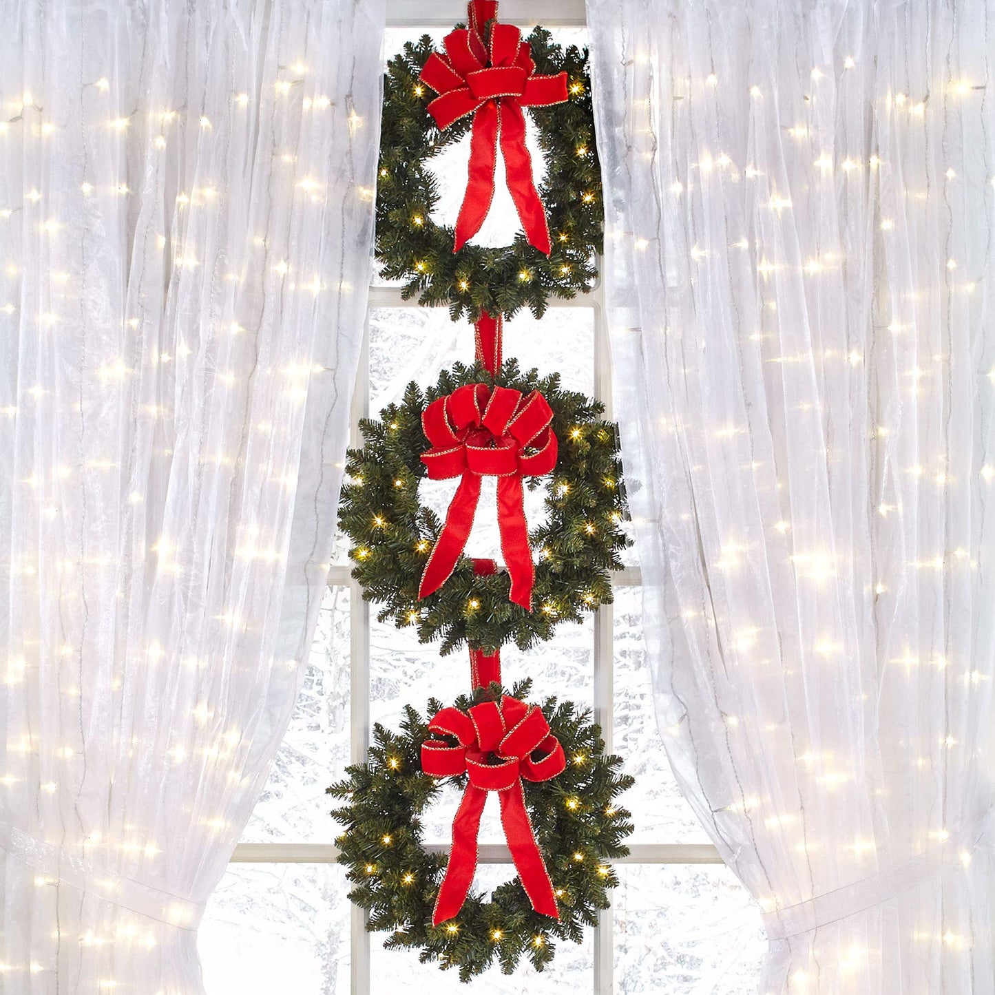 BrylaneHome Set of 3 Pre-Lit 16 inch Christmas Wreaths with 20 Warm Lights & Timer Function, Pre-Decorated, Cordless, No Outlet Required - Poinsettia