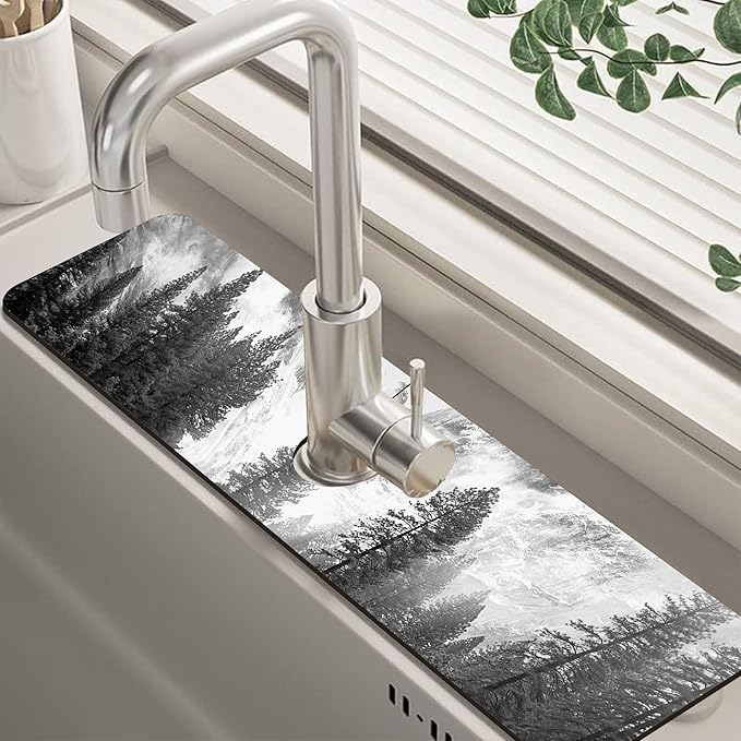Winter Forest Mountain Sink Faucet Absorbing Mat Sink Splash Guard Faucet Mat