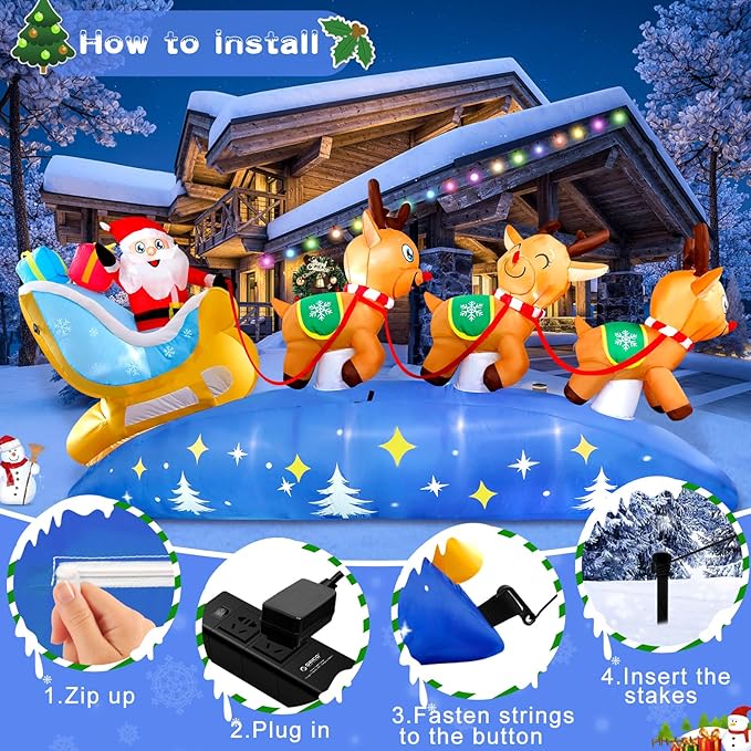 9.5FT Christmas Inflatables Outdoor Decorations Santa Claus on Sleigh with 3 Reindeer Christmas Blow ups Built in LED Lights Inflatable Christmas Decorations for Holiday Garden Lawn