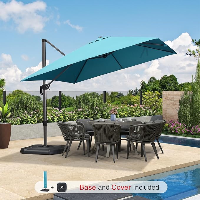 PURPLE LEAF 10'×10' Patio Umbrella with Base and Cover Outdoor Umbrella Large Cantilever Windproof Offset Heavy Duty Sun Umbrella for Garden Deck Pool Patio Turquoise Blue