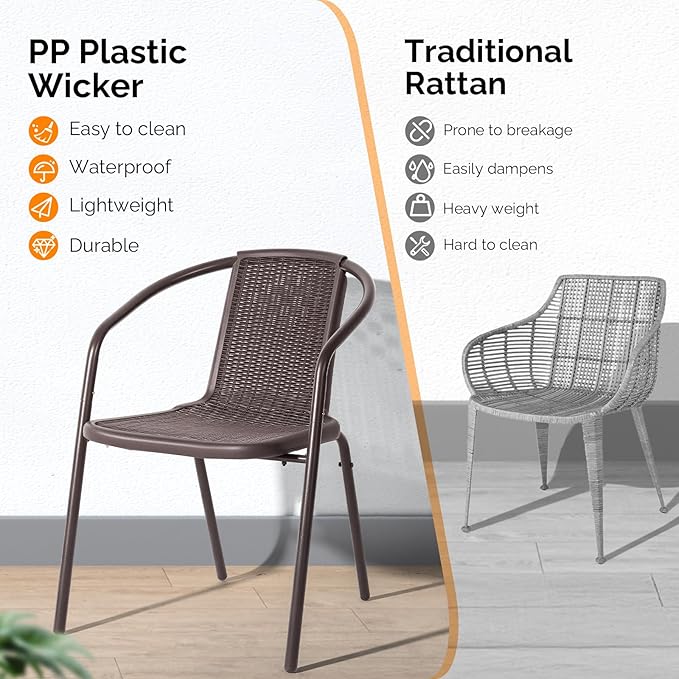 VINGLI PE Rattan Outdoor Dining Chairs Set of 1, Plastic Stackable Patio Chairs for Indoor, Porch, Restaurant, Garden, Brown