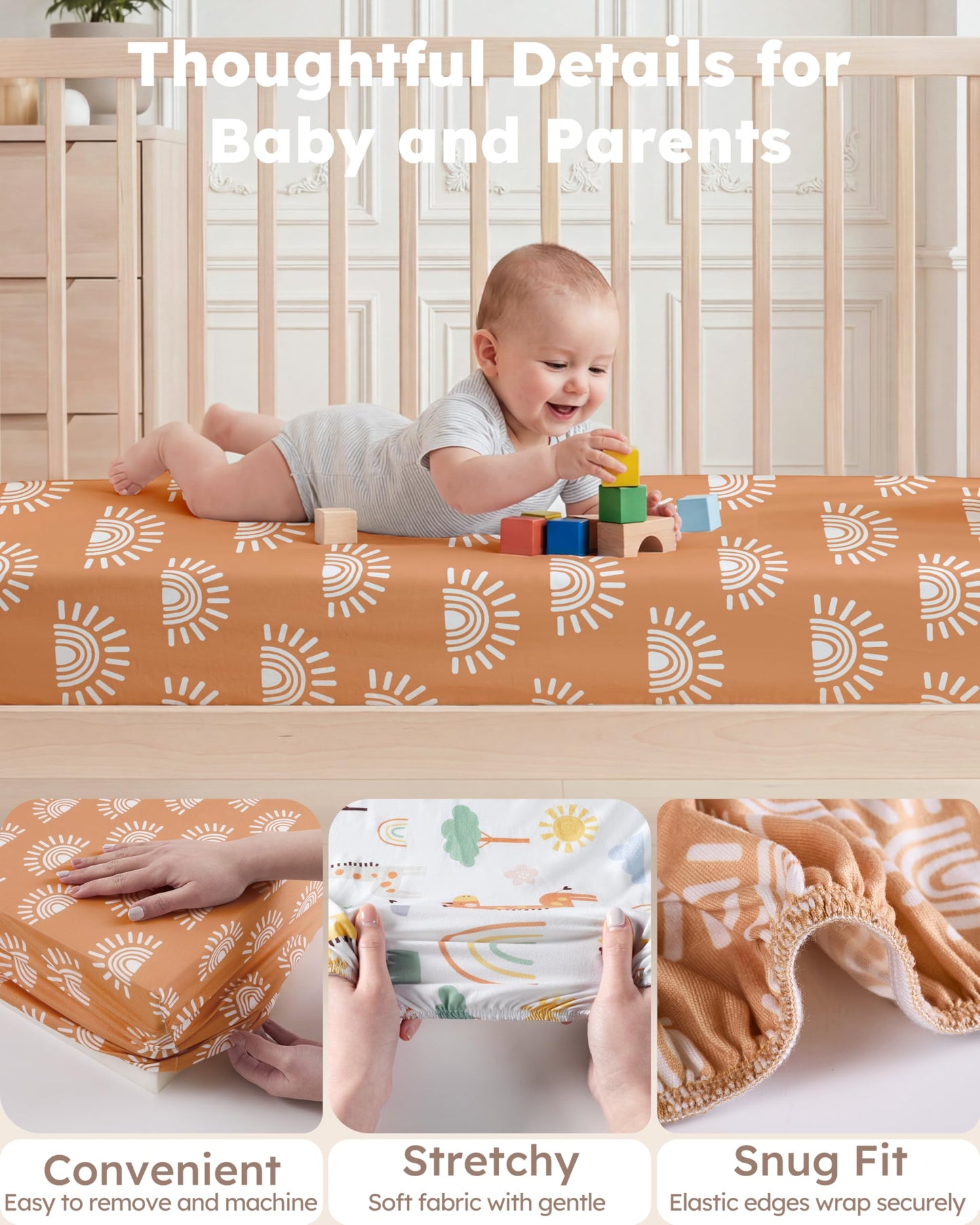 Nyessmee Pack and Play Sheets for Boys Girls, 38" x 26" Mini Crib Sheets Fitted for Pack n Play Mattress, Soft Breathable Playard Sheets, 2-Pack Khaki Giraffe