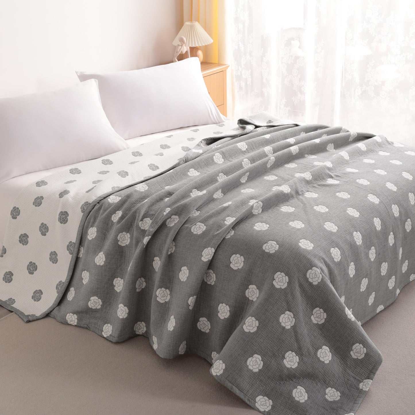 NTBAY 3 Layers Cotton Muslin 106x92 King Bed Blanket, Super Soft Breathable Thermal Yarn Dyed Quilt for Adults, Perfect Lightweight Blanket for Couch Sofa Bed All Seasons, Grey Rose