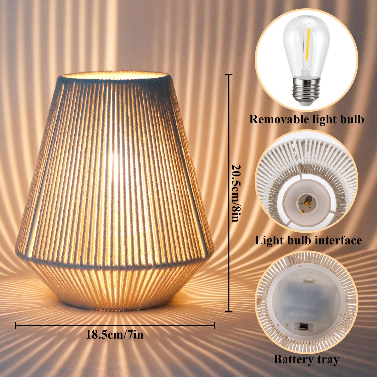 JHY DESIGN Set of 2 Woven Lampshade Table Lamps 8" H Cotton Rope Bedside Light‌s Cordless Decorative Battery Operated Lamps with 6 Hours Timer for Bedroom Living Room Home Parties Patio Events