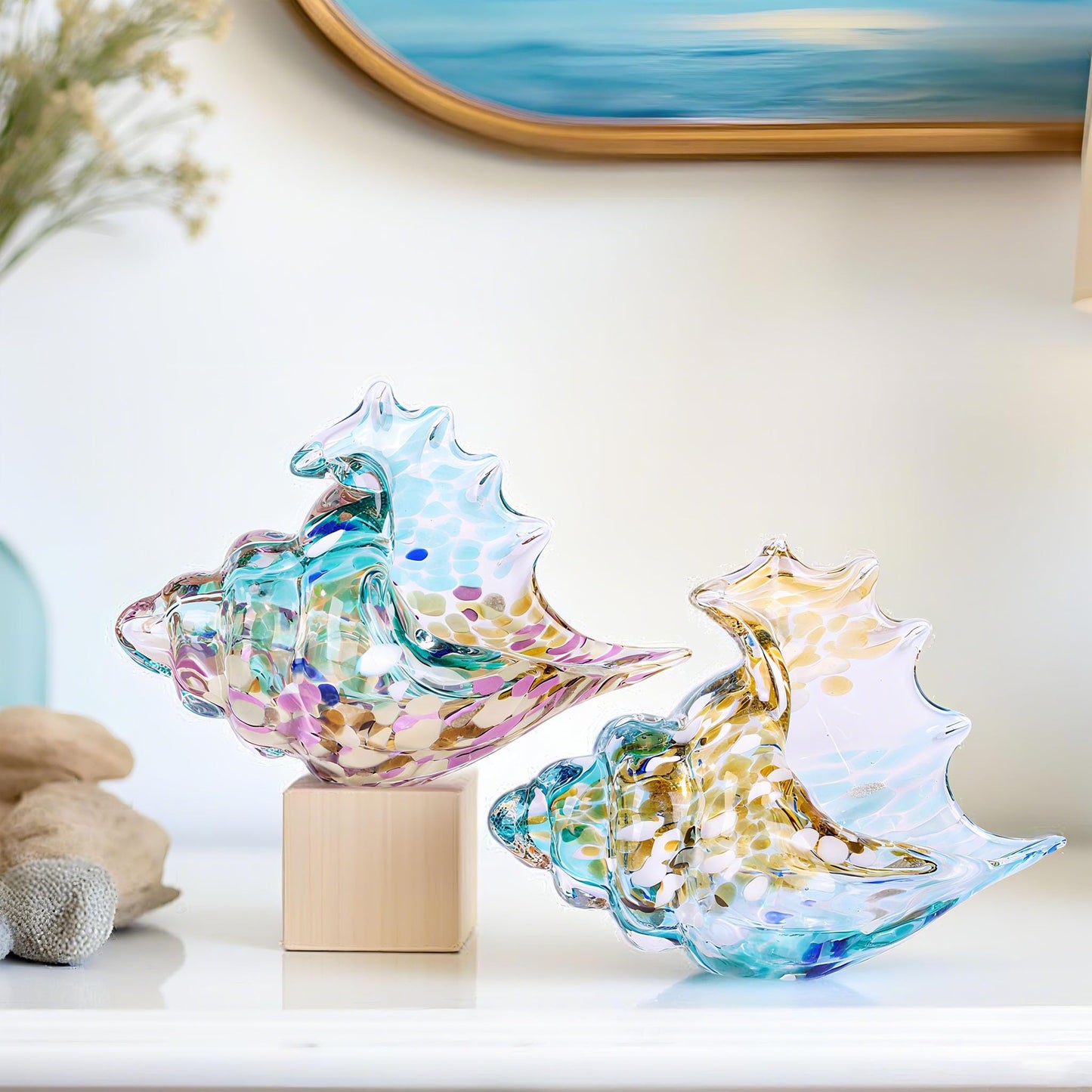 XMGZQ Hand Blown Glass Conch Statue,Sea Glass Art Figurine, Coastal Home Decor with Sea Shells, Living Room TV Stand Above Cabinet,Bookcase,Beach Decoration,Entryway Conch Horn Figurines (Purple)