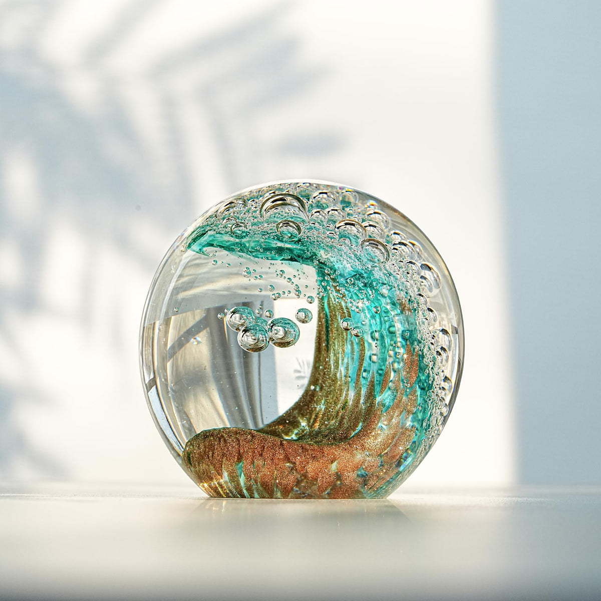 Hand Blown Glass Ocean Wave Ball, 2.3" Blue Sea Wave Crystal Figurine Paperweight, Decorative Glass Sphere Ornament for Home Office, Nautical Decor Collectible, Birthday Gift for Ocean Lovers
