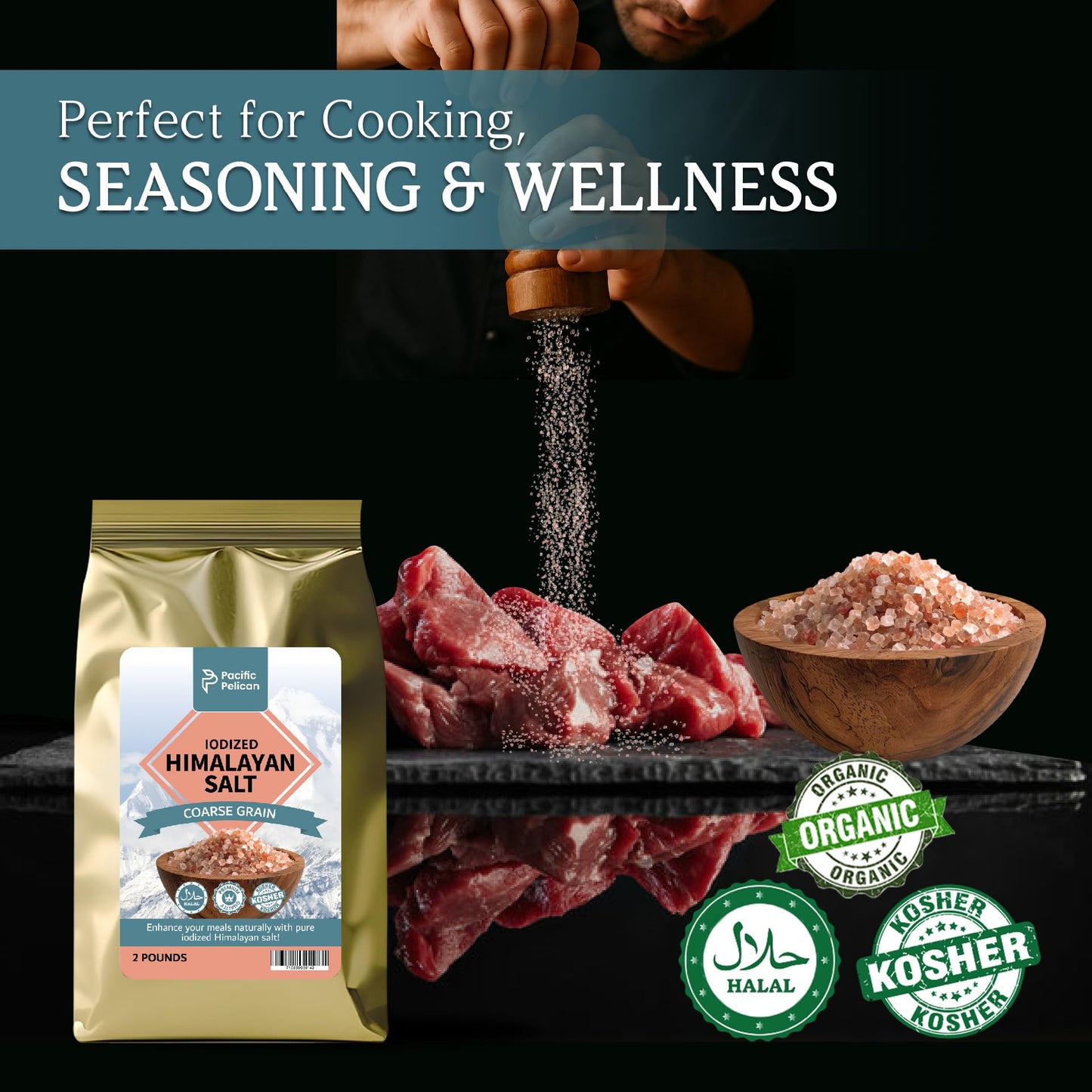 Pacific Pelican Iodized Himalayan Pink Salt | Coarse Grain, Unrefined, Pure Rock Salt | 2 Pounds | 100% Natural & Organic for Cooking, Seasoning & Wellness