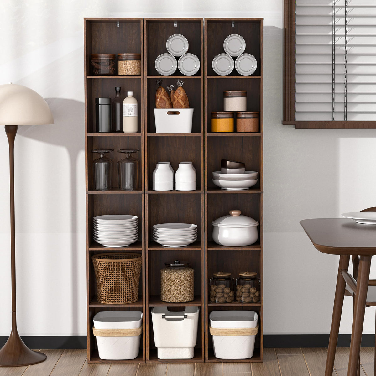 NewBeth 6 Cube Storage Organizer, Narrow Open Shelf Bookcase, Freestanding 6 Tier Low Display Bookshelf for Home Office, Living Room, Bedroom, Dark Brown & Black Walnut