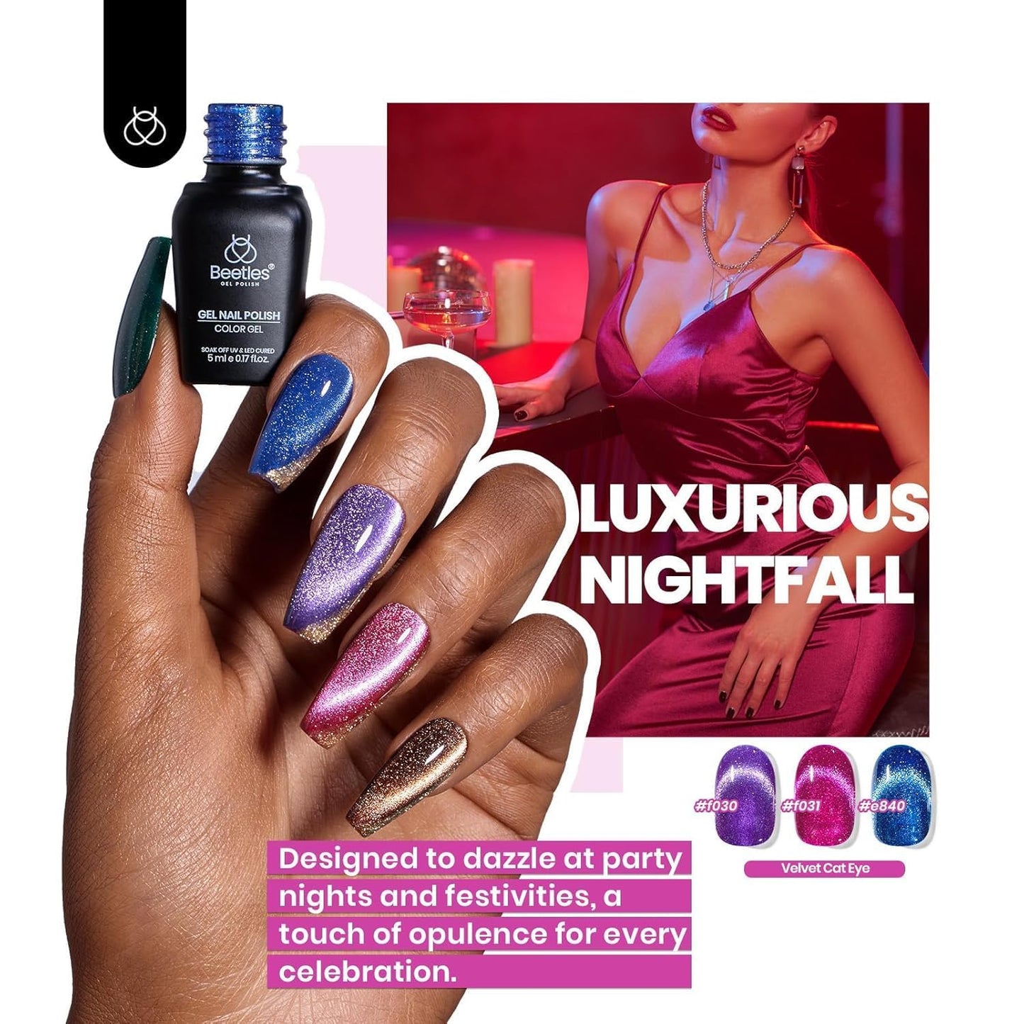 Beetles Cat Eye Gel Polish Set - 24Pcs 20 Colors Glitter Dark Color Changing Gel Nail Polish Kit with Base Gel Glossy Matte Top Coat Soak off UV DIY Nail Art Salon Ombre Black Nails Gift