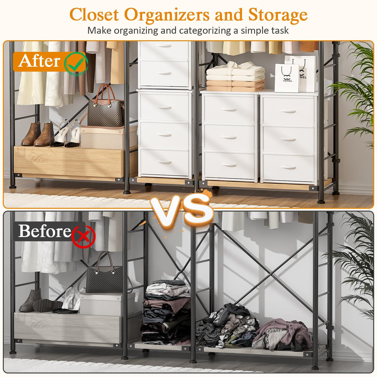 DAOUTIME 2-Pack Stackable Storage Drawers (6 Drawers Total), White Closet Organizer with Wooden Top & Metal Frame, Freestanding or Stackable Dresser for Bedroom, Living Room, Under Bed