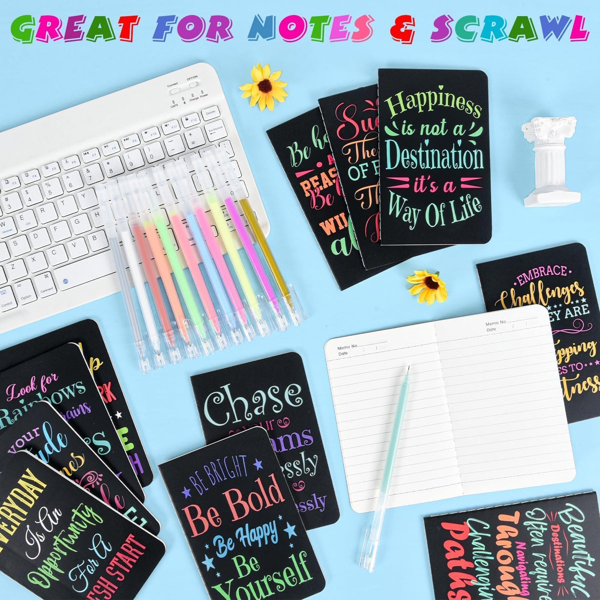 24 Pcs Mini Inspirational Notebooks Bulk with 24 Pcs Colorful Pens, Small Pocket Journal Notepads Set, Motivational Bulk Gifts for Women Men Teacher Student, Fun School Office Supplies, 3.5" x 5.5"