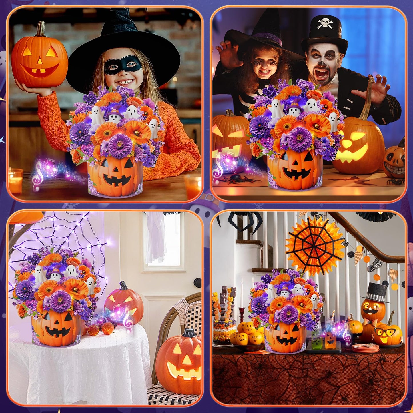 MZD8391 Halloween Cards with Music & Lights, Pop Up Halloween Decorations, Ghost & Dasiy, 10 Inch Life Sized Forever Flower Bouquet Gifts for Wife Mom Grandma Women Daughter