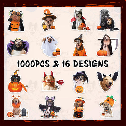 H1vojoxo Halloween Dog Stickers Roll - 1000PCS Halloween Dog Dress Up Stickers in 2 Rolls 16 Designs Pumpkin Dogs Self-Adhesive Sticker for Kids Craft Envelope Water Bottle Scrapbook Party Supplies