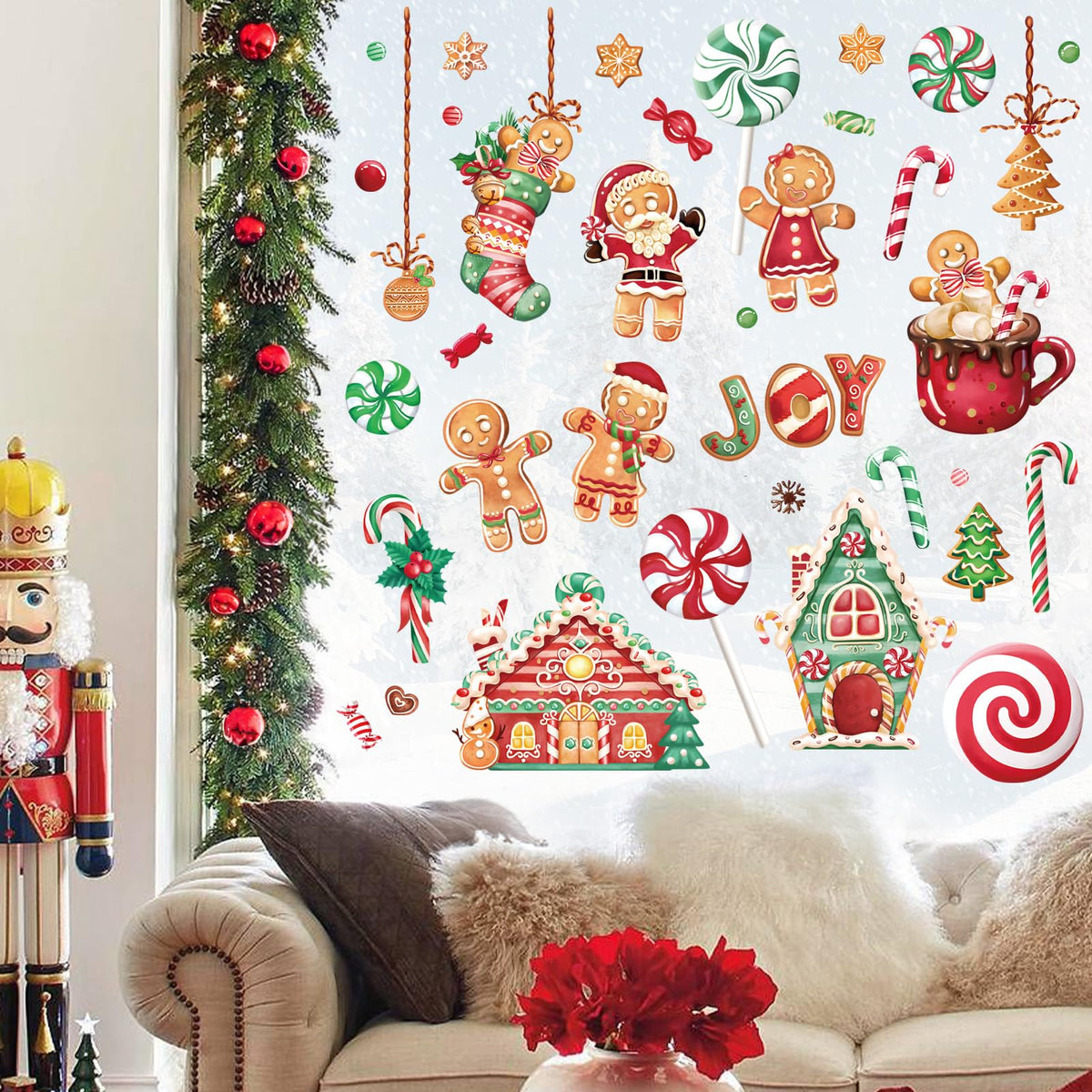 Wondever Gingerbread Man Wall Stickers - Peppermint Candy Cookie & Christmas Window Wall Art Decals for Party & Kitchen