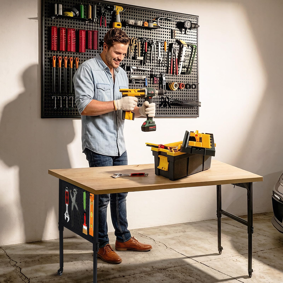 Adjustable Height Workbench Legs with 4 Metal Wheels, Sturdy Industrial Furniture Table Legs with one Pegboard Panel, Perfect for Rolling Work Table and Work Bench
