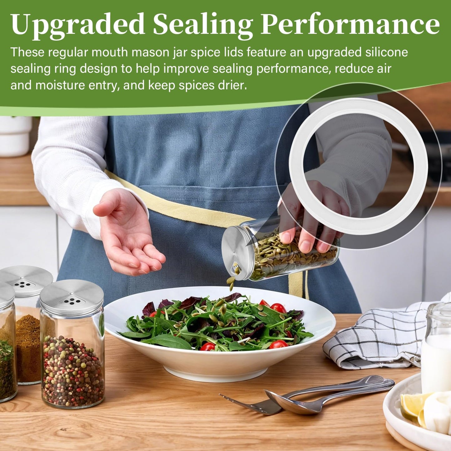 4-Pack Stainless Steel Adjustable Spice Shaker Lids for Regular Mouth Mason Jars, with 4 Bonus Silicone Sealing Rings – Dual Shaker/Pour Tops for Seasoning, Salt & Pepper Storage