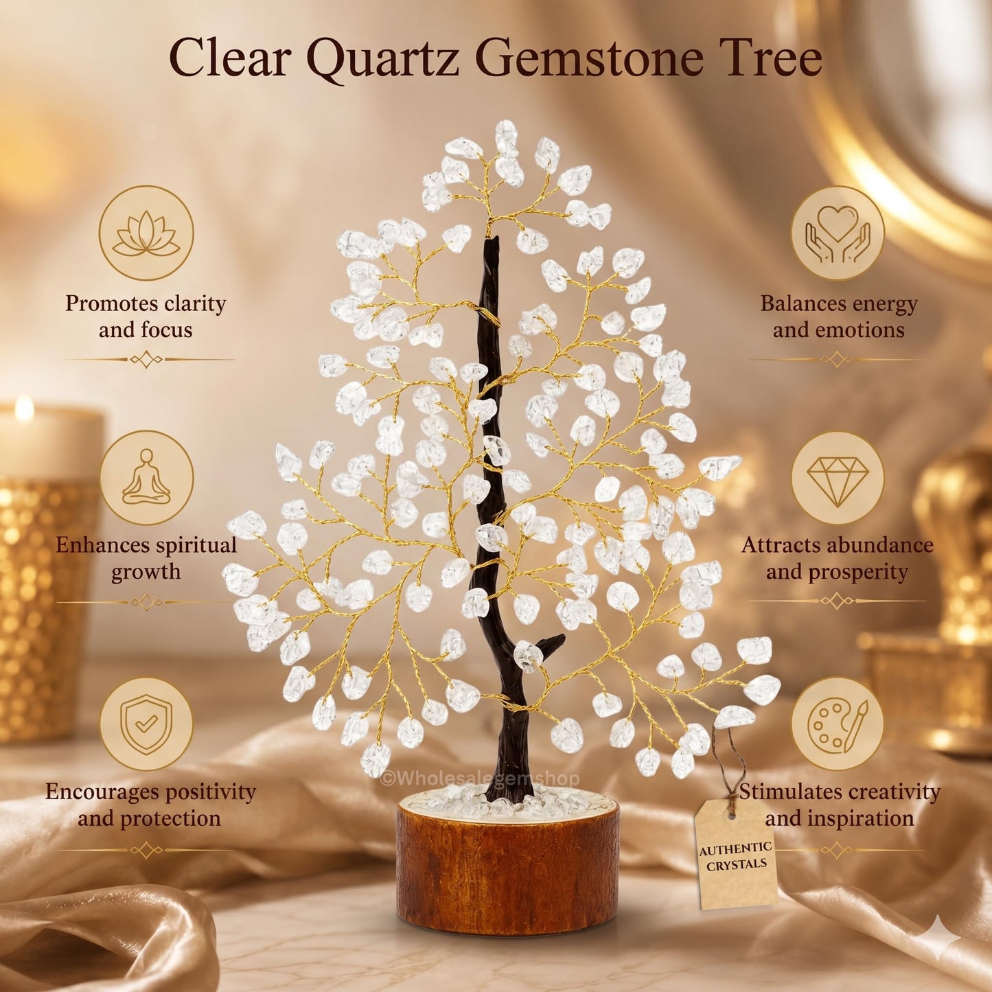 Gemscite Clear Quartz Gemstone Tree 10-12" Handmade Feng Shui Figurine Money Bonsai Good Luck Reiki Healing Crystals with Golden Wire Balancing Decoration for Table Room Decor Gift