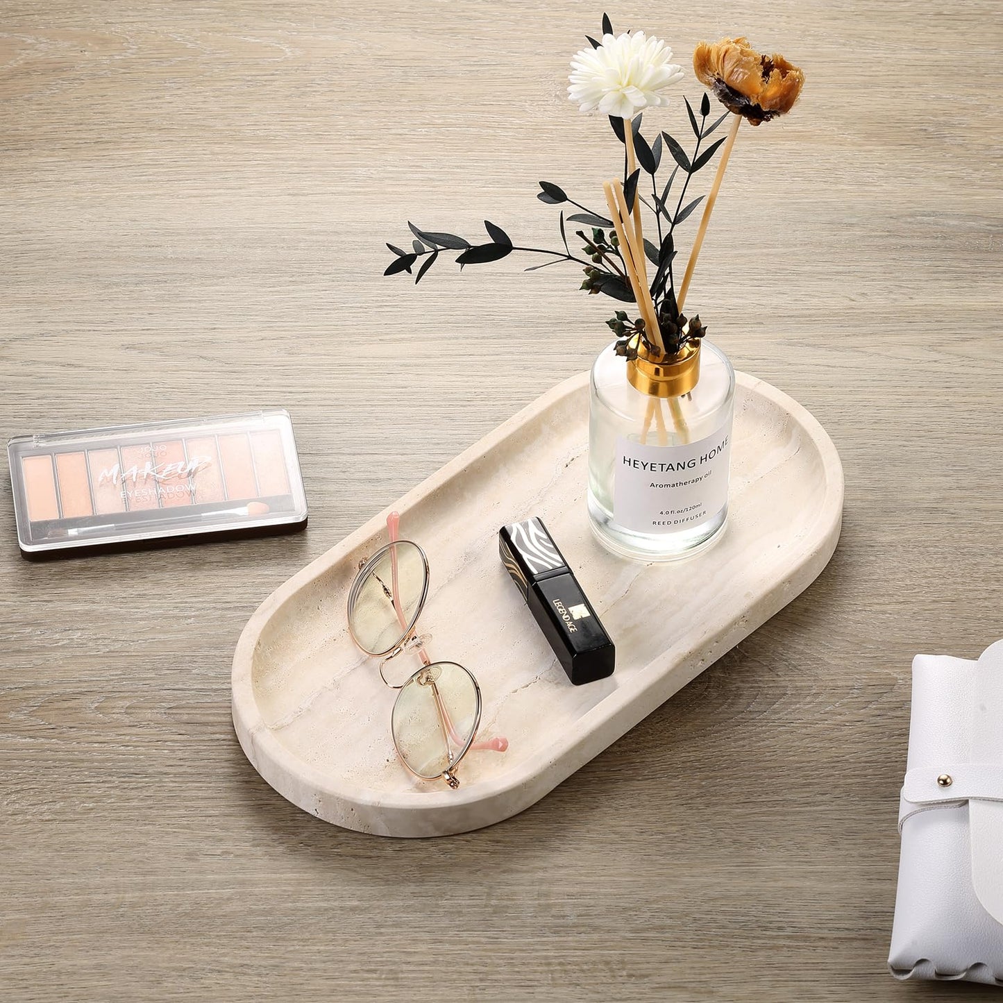 Koville Italian Travertine Tray, 12"x6" Vanity Decorative Marble Tray for Countertop, Catchall Tray for Perfume, Candles, Jewelry Dish Tray