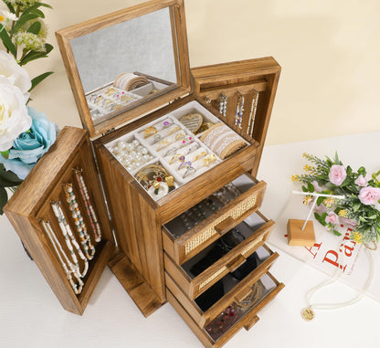 Jewelry Organizer, Rattan Jewelry Box, 5 Layer Wooden Jewelry Organizer Box with Mirror, Jewelry Boxes with 4 Drawers for Women Men, Jewelry Storage for Rings Earrings Necklaces Bracelets Watch