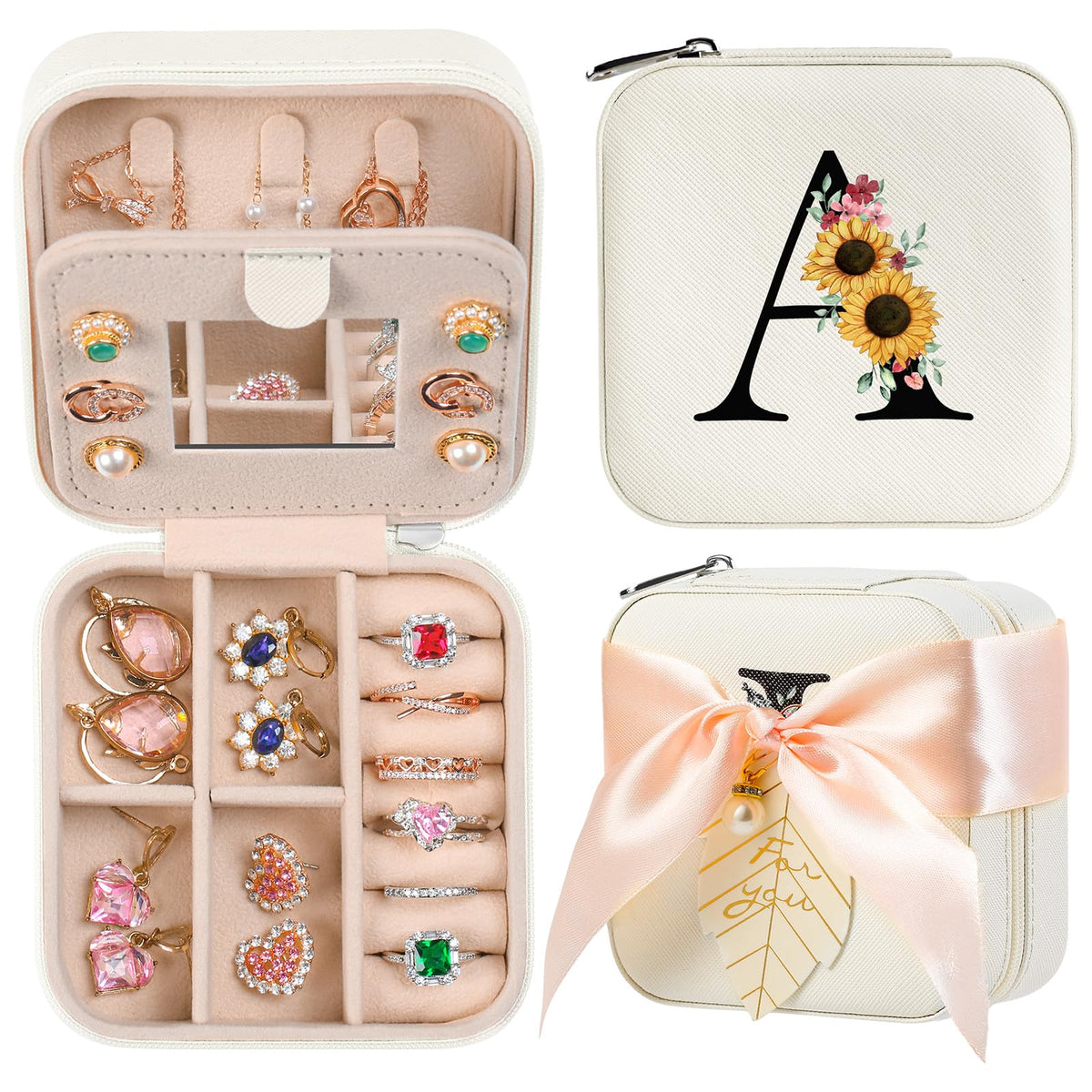 AYGXU Travel Jewelry Case for Women, Girls, and Teens - Teacher Appreciation Gifts, Jewelry Organizer Box With Initial A, White