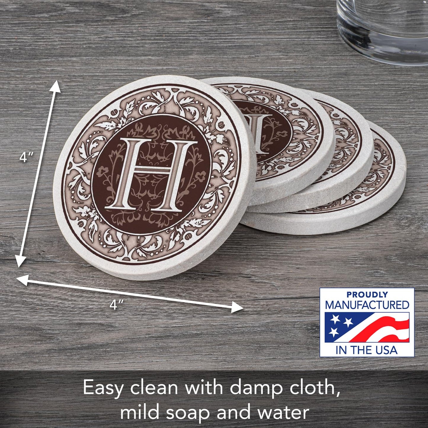 Thirstystone Monogram Letter “H” 4 Pack Sandstone Coasters Manufactured in The USA Decorative Absorbent Easily Wipes Clean