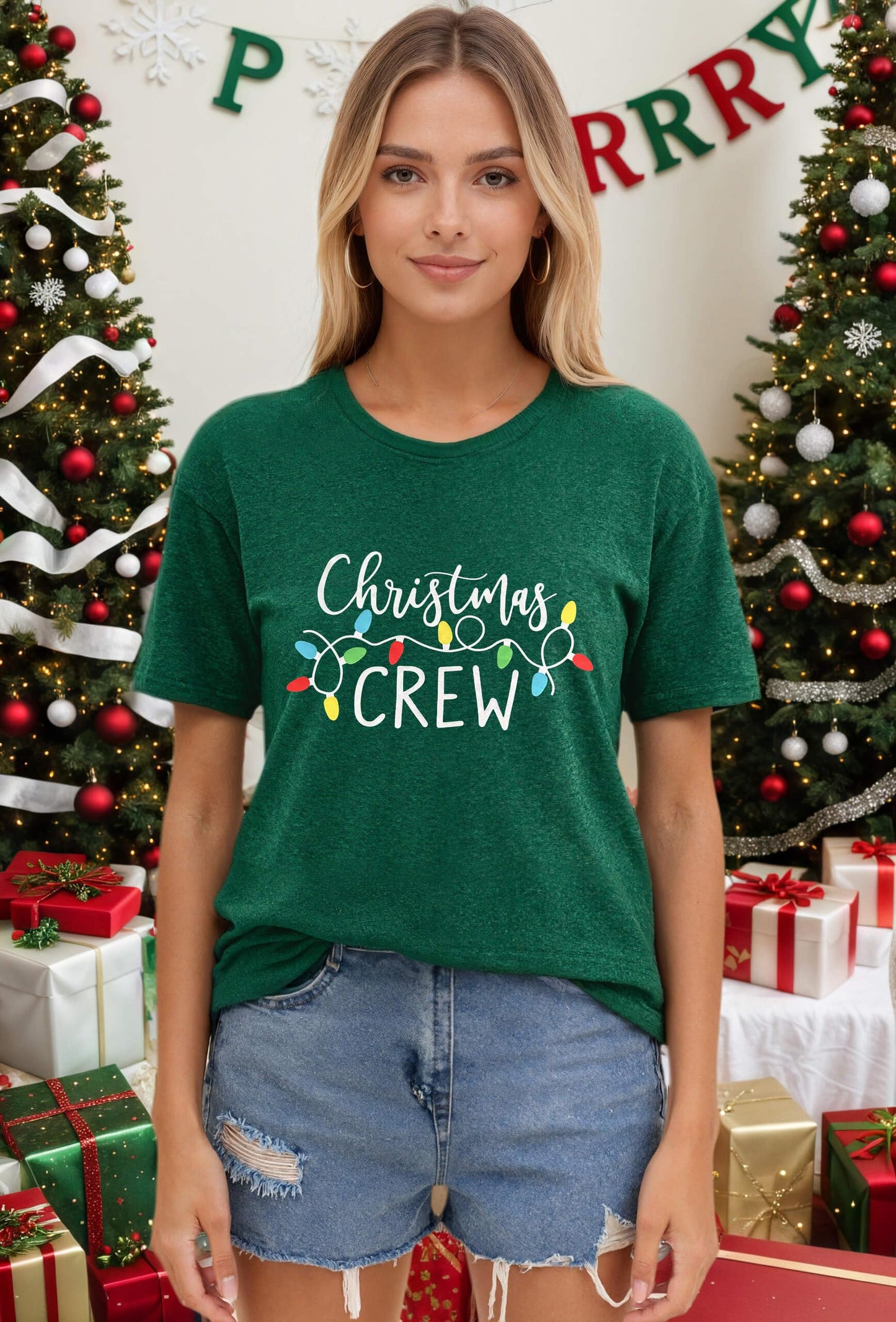 Christmas Shirts for Women 2025 Christmas Crew Shirt Xmas Lights Graphic Tshirt Holidays Short Sleeve Tops Green M