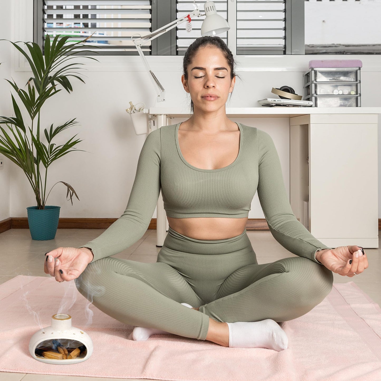 ZenBless 3 in 1 Incense Holder for Palo Santo Sticks Sage Incense, Handcrafted Ceramic Incense Burner Holder Ash Catcher with Chimney, Smudge Bowl for Yoga Meditation Room Home Decor