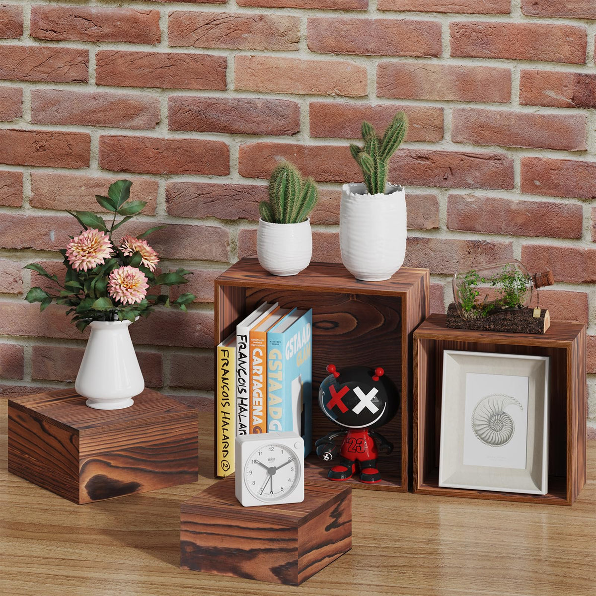 MUNNAR 6 PCS Wooden Buffet Risers, Wood Display Risers for Food, Wooden Square Risers Display Stands, Food Risers for Buffet Table (10", 9" , 8", 7", 6", 5") with 67" Faux Greenery Vine