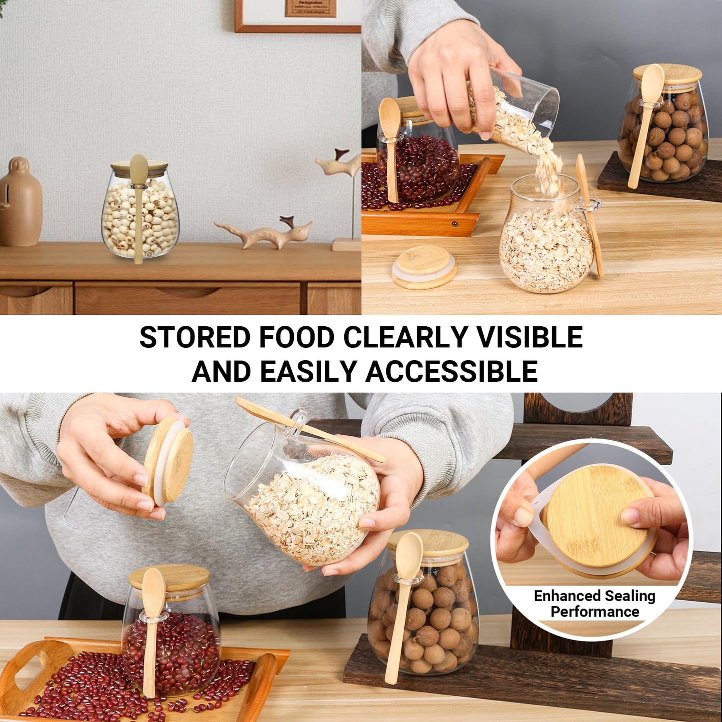 wangsdjy Glass Storage jars with Bamboo Lids and Spoon -16 oz Airtight Storage Containers Glass jar,Wide Mouth,Leak-Proof,Comes Suitable for Coffee Beans, Tea Leaves,Grains, Dried Fruits (Small2PCS)