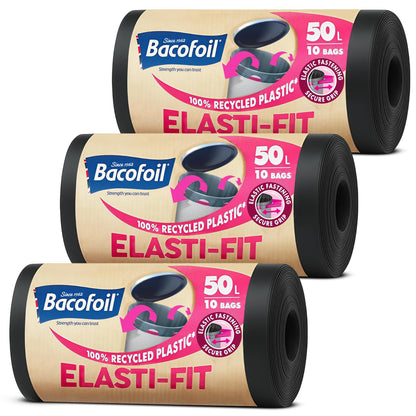 Bacofoil Elasti-Fit Bin Liners - 50L Recycled bin bags, 3 Rolls (30 Bags) - Leak-Proof, Elastic Fastening for Secure Fit - Made from 100% Recycled Plastic - Eco-Friendly Waste Disposal.